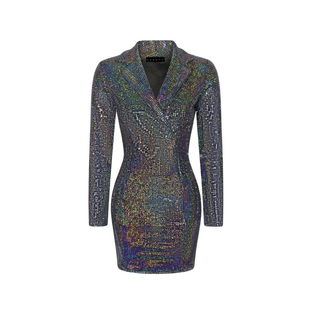 NWT Sabora Iridescent Silver Sequin Blazer Mini Dress Party Club